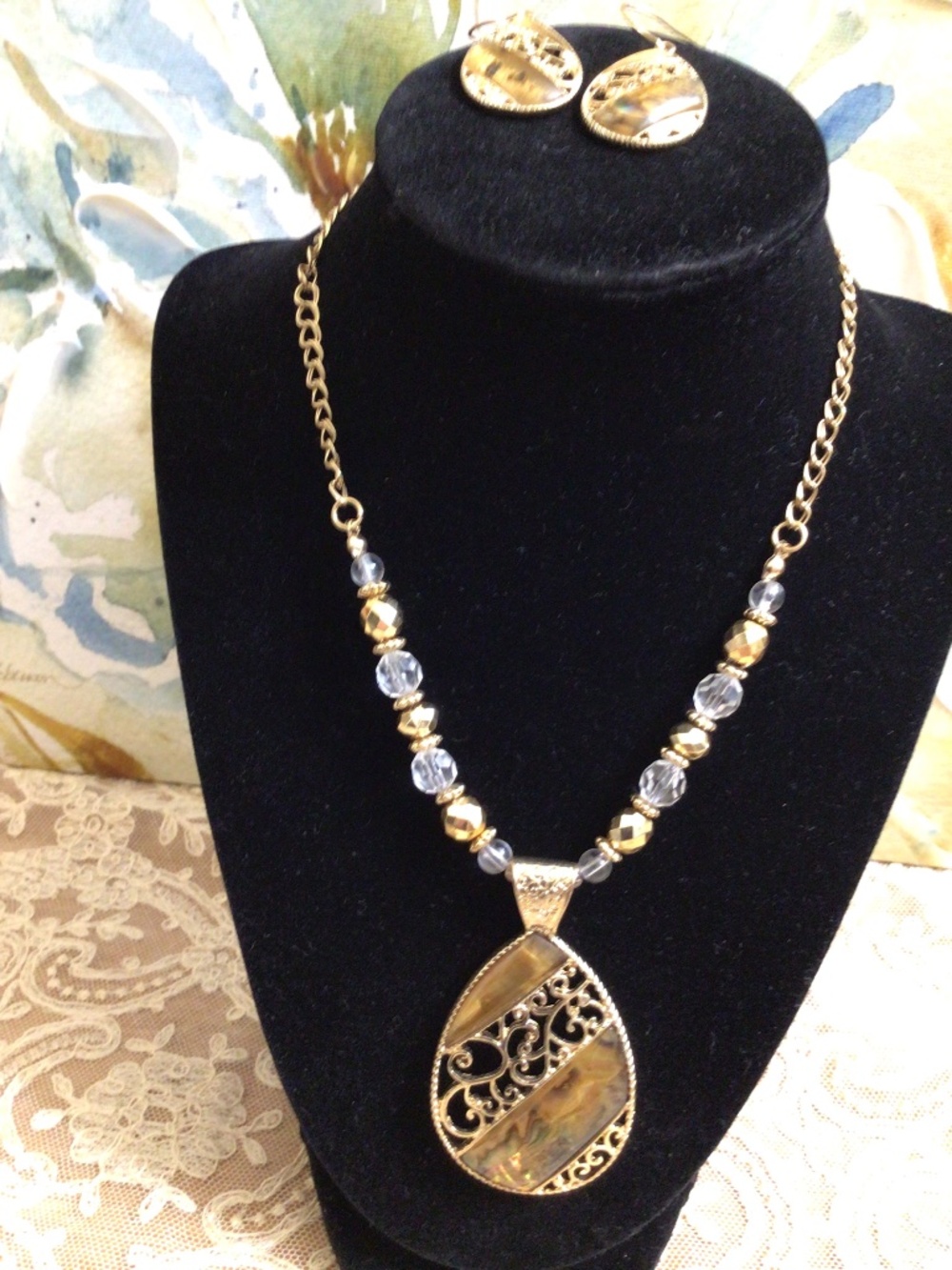 Kenneth Cole New York Gold-tone Faux Abalone Filigree Teardrop Necklace&Earrings